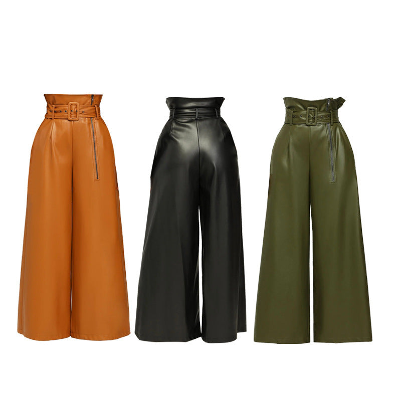 High Waist PU Leather Pants Metal Belt Wide Leg Trousers