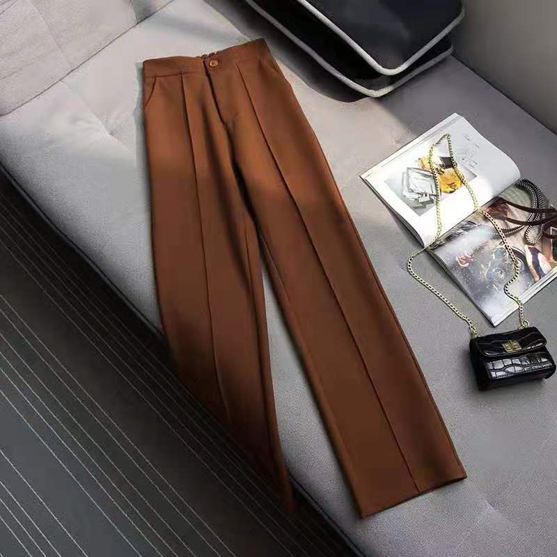 Pantalon droit taille haute en mélange laine et coton