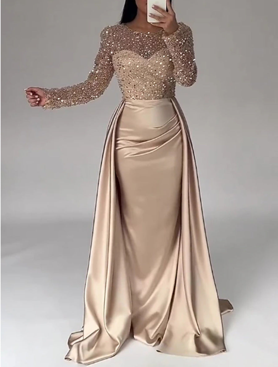 Dazzling Sequin Queen Maxi Evening Gown with Long Sleeves