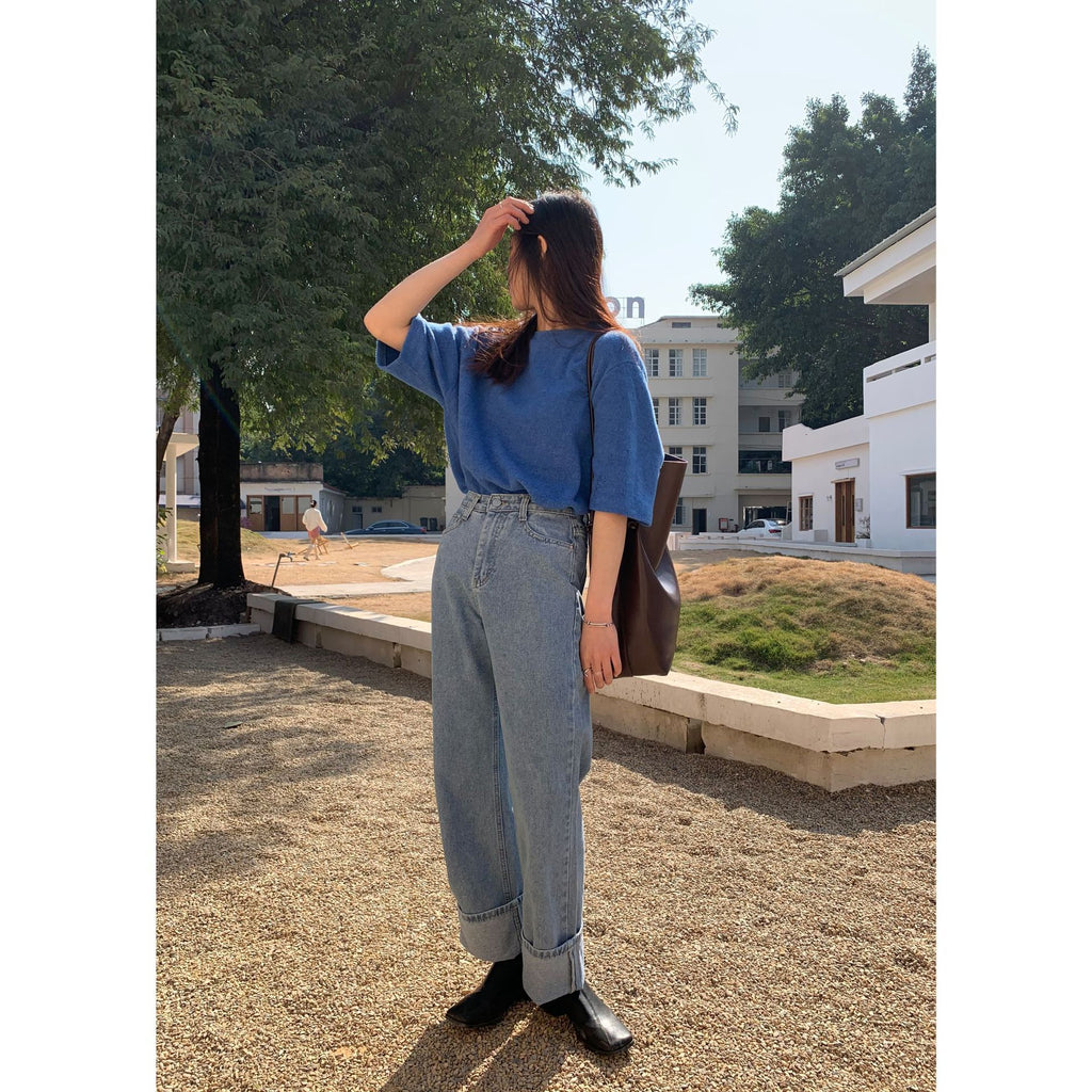 High Waist Light Blue Denim Wide Leg Pants