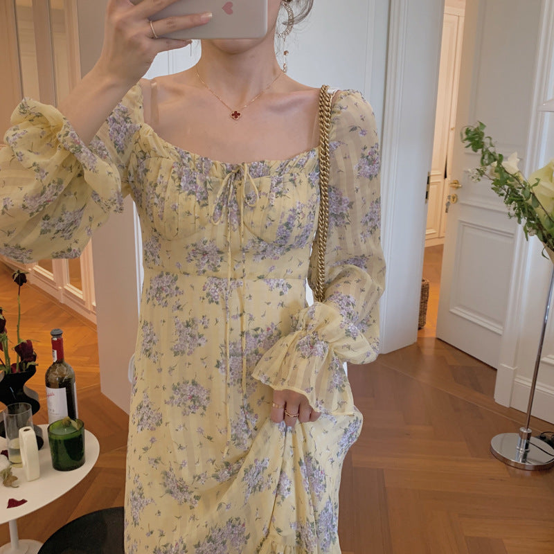 Vintage Floral Square Collar Long Dress