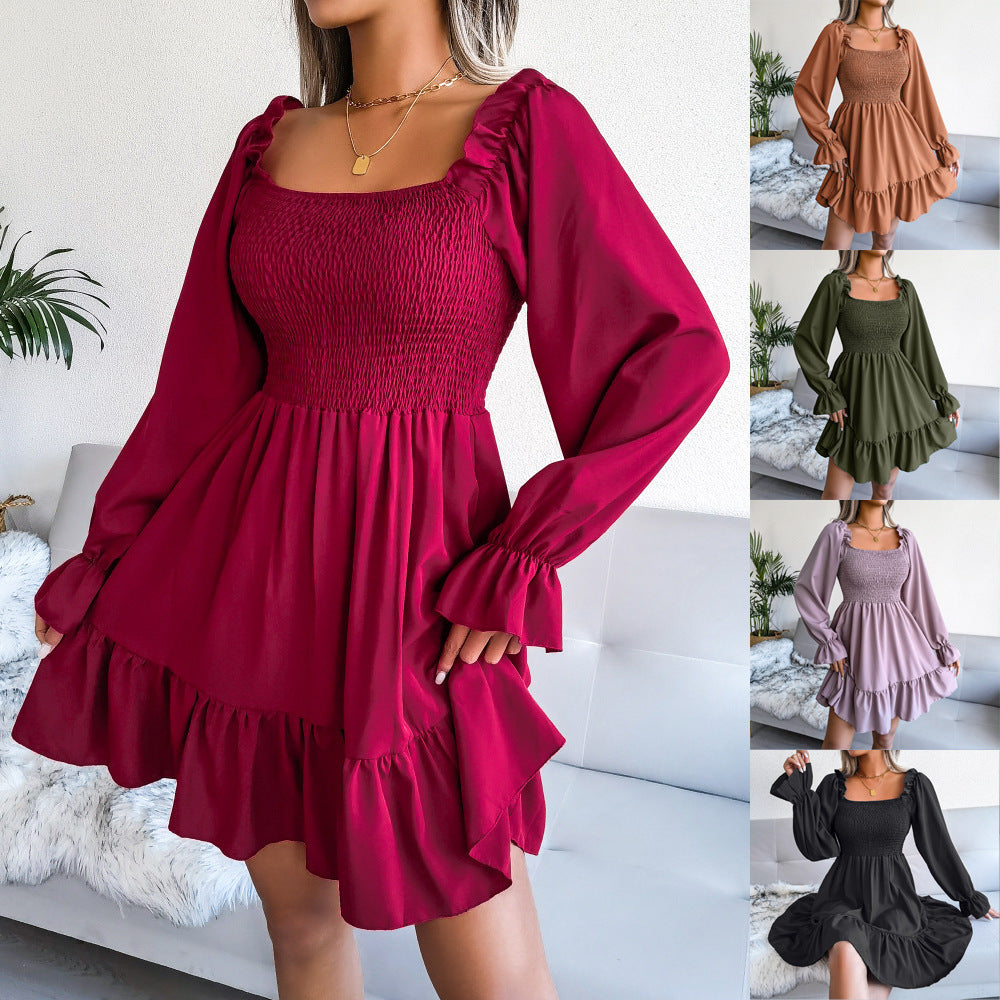 Robe trapèze évasée à manches longues, col carré et volants pour femme