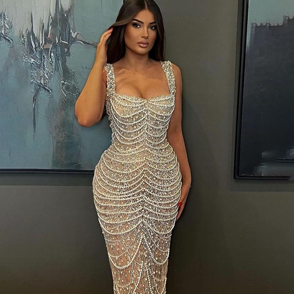 Nude Elegant High-End Pearl Beaded Sling Dress