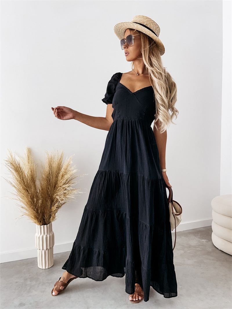Short Sleeve Solid Color Lace-up High Waist Dress