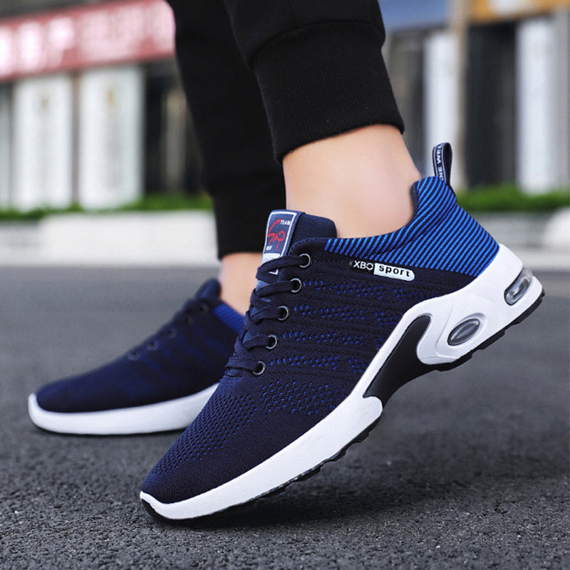Men's Mesh Lace-Up Sneakers Lightweight Breathable Outdoor Running Shoes with Striped Design