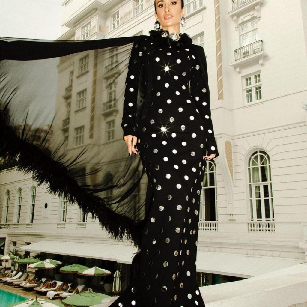 Robe longue à manches longues en coton et lin noir avec rivets pour femme