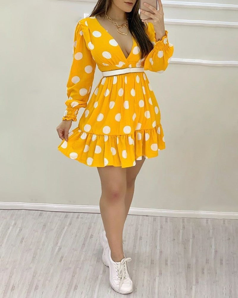 Yellow Polka Dot V-Neck Cotton Blend Dress