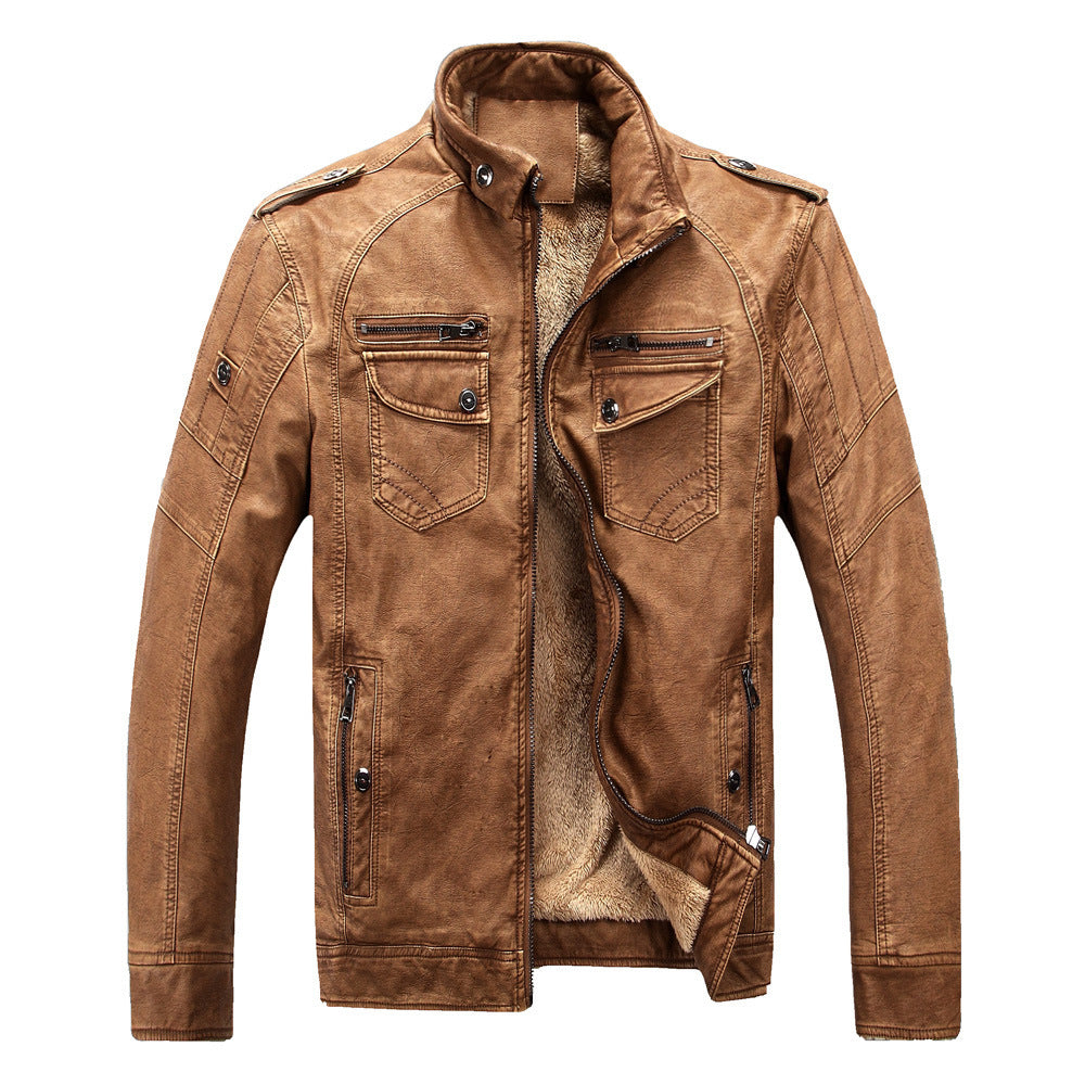 Men's Cowhide Leather Jacket with Velvet Lining Retro Washed Style