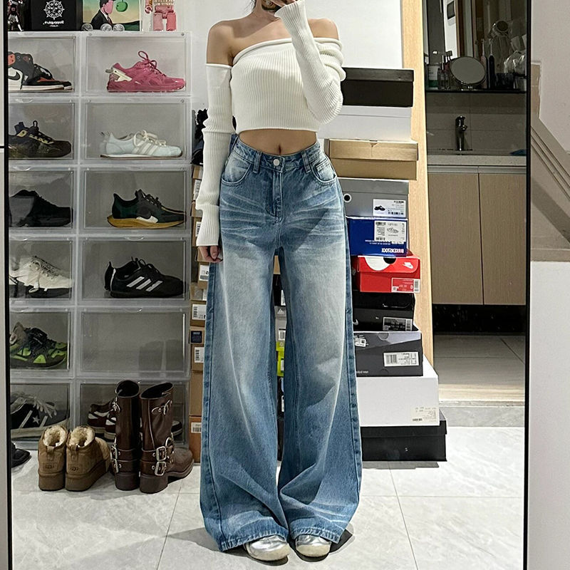 Retro Washed High Waist Wide Leg Denim Jeans for Women