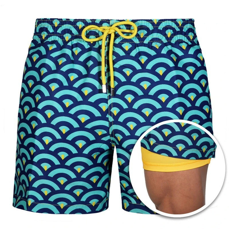 Men's Printed British Stripe Beach Shorts Double Layer Cotton Blend