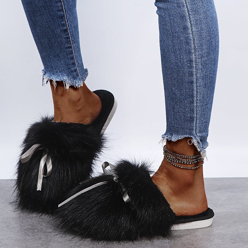 Bowknot Cotton Plush Half Shoes with Rubber Sole for Outdoor Wear