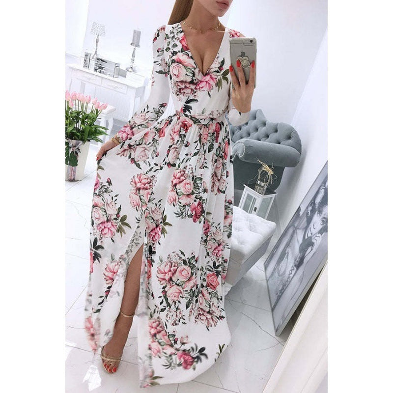 Long Sleeve Printed Chiffon Bohemian Dress for Women