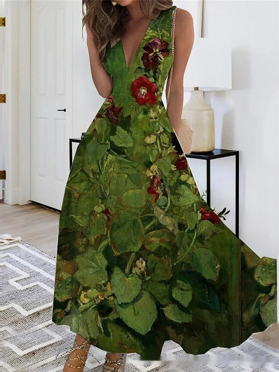 Spring Summer V-Neck Sleeveless Waist-Controlled A-Line Dress