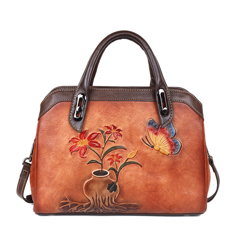 Sac à main Boston vintage en cuir de vachette gaufré floral chinois 32x11x24cm
