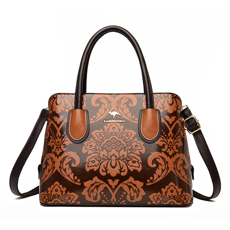 Ethnic Wind Flower Cowhide Shoulder Bag with Zipper Closure