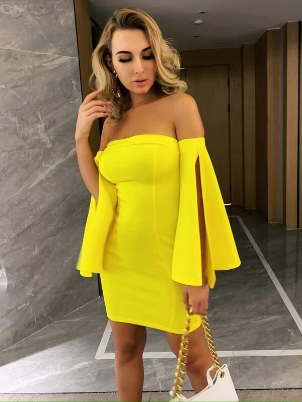 One Word Collar Solid Color Dress with Stitching Detail