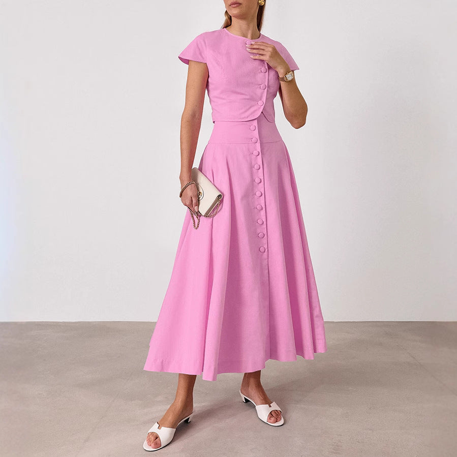 Ensemble tailleur-pantalon rose coton à taille haute et décolleté en V avec jupe longue
