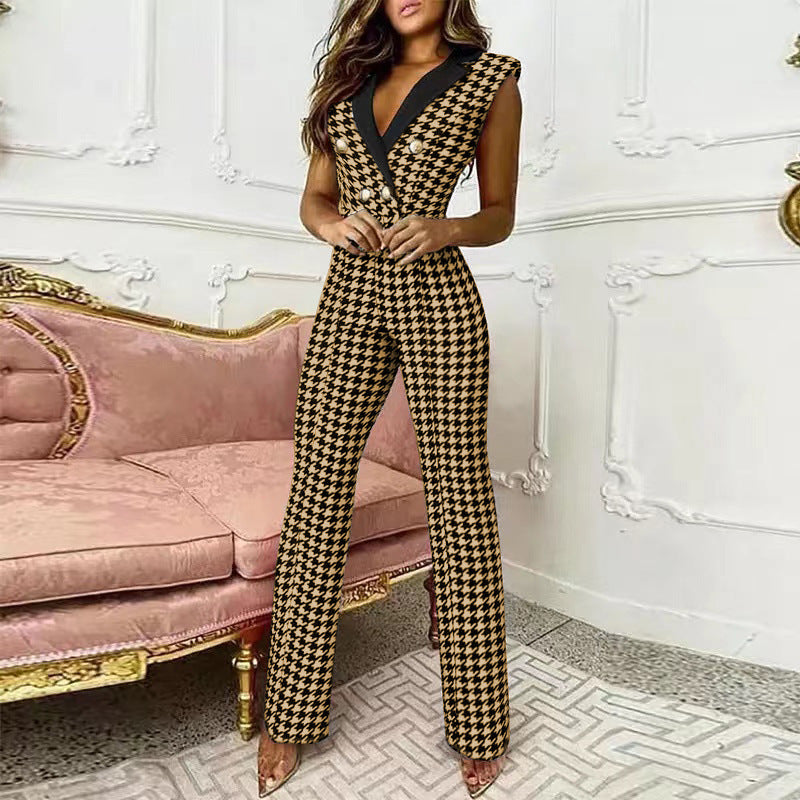 V-Neck Houndstooth Sleeveless Jumpsuit for Women Professional Wear