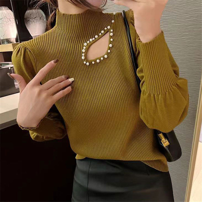Beaded Half Turtleneck Puff Sleeve Long Sleeve Shirt