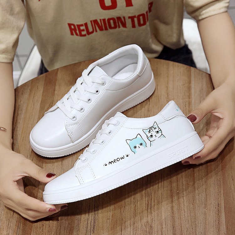 Women's White Leather Flat Shoes Small Size Cat Design