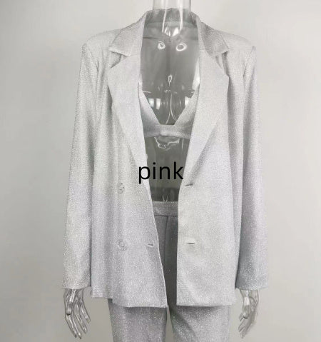 Glitter Polyester Suit Jacket with Straight Leg Pants
