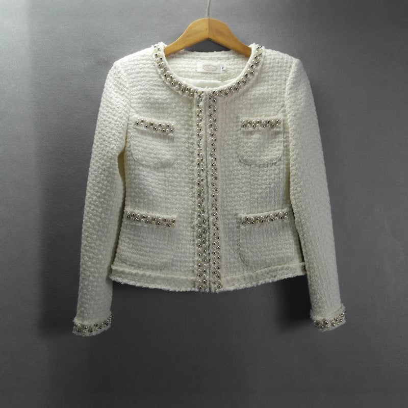 Women's Autumn Winter Plaid Wool Slim Fit Coat with Beads
