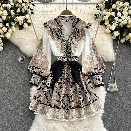 Women's V-neck Lantern Sleeve Printed Dress