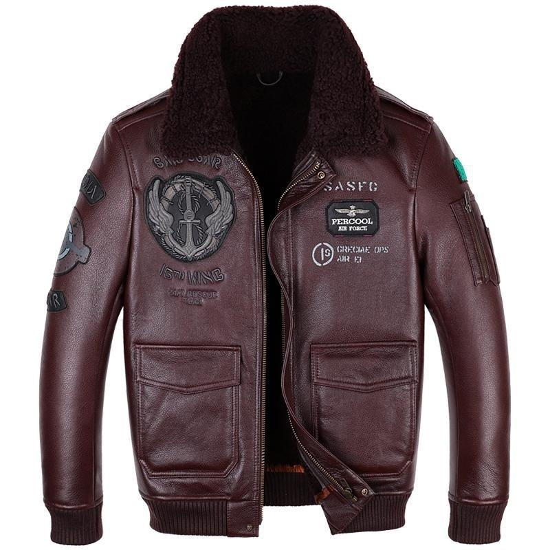 Men's Genuine Sheepskin Leather Flight Jacket - Loose Fit, Short Length