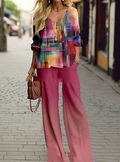 Ensemble Femme Haut Col Rond Manches Courtes Imprimé & Pantalon Allongé