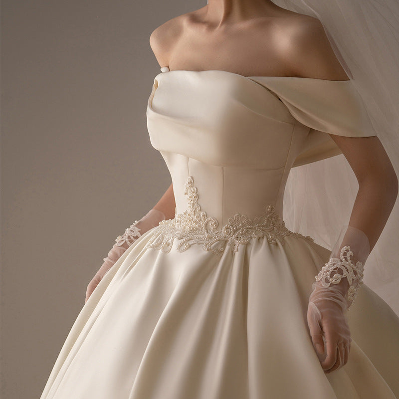 Women's Satin Off-Shoulder Retro Trailing Wedding Dress