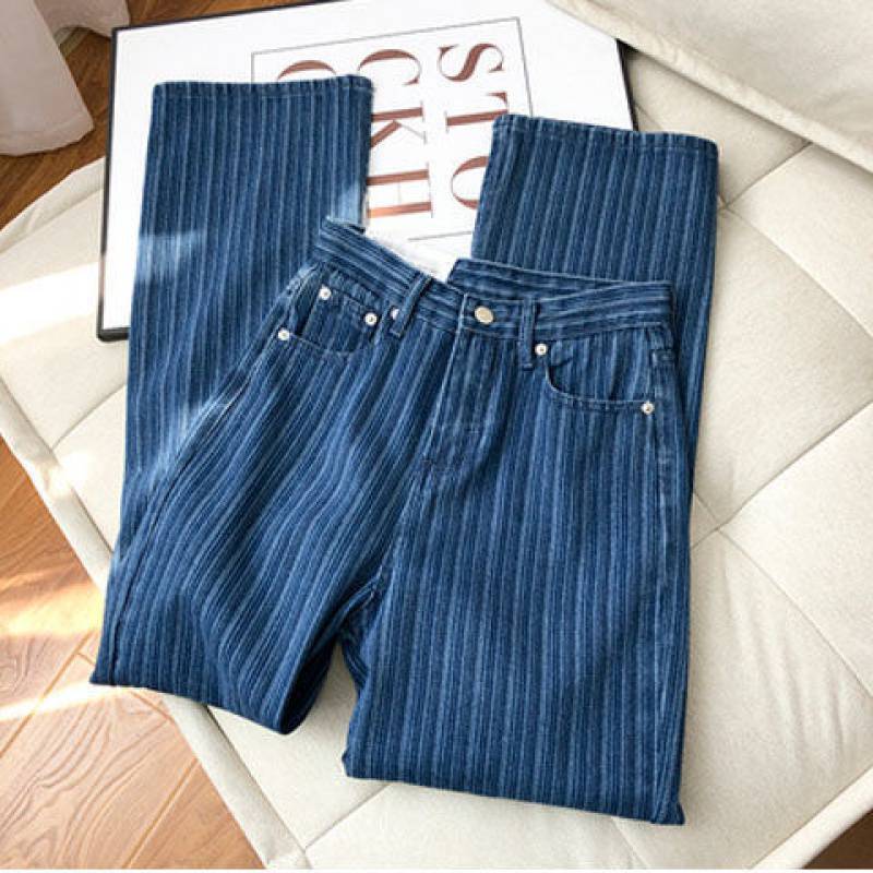 Women's Loose High Waist Straight Vertical Stripe Jeans