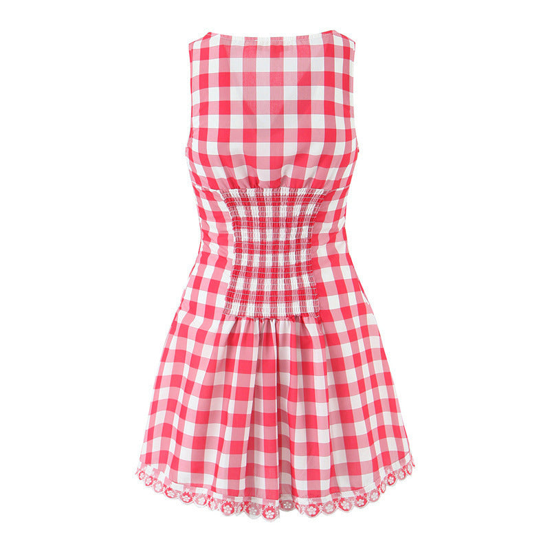 European And American Retro Sexy V-neck Plaid Dress