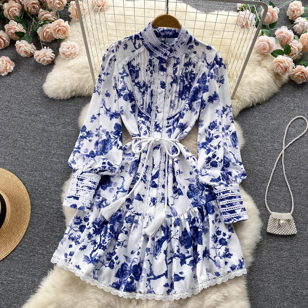 Elegant White Stand-Up Collar Puff Sleeve Single-Breasted Fringed Waist Dress