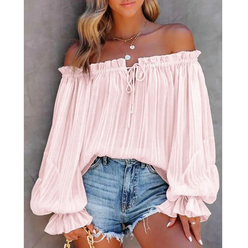 Off-Shoulder Elastic Pullover Top with Lantern Sleeves