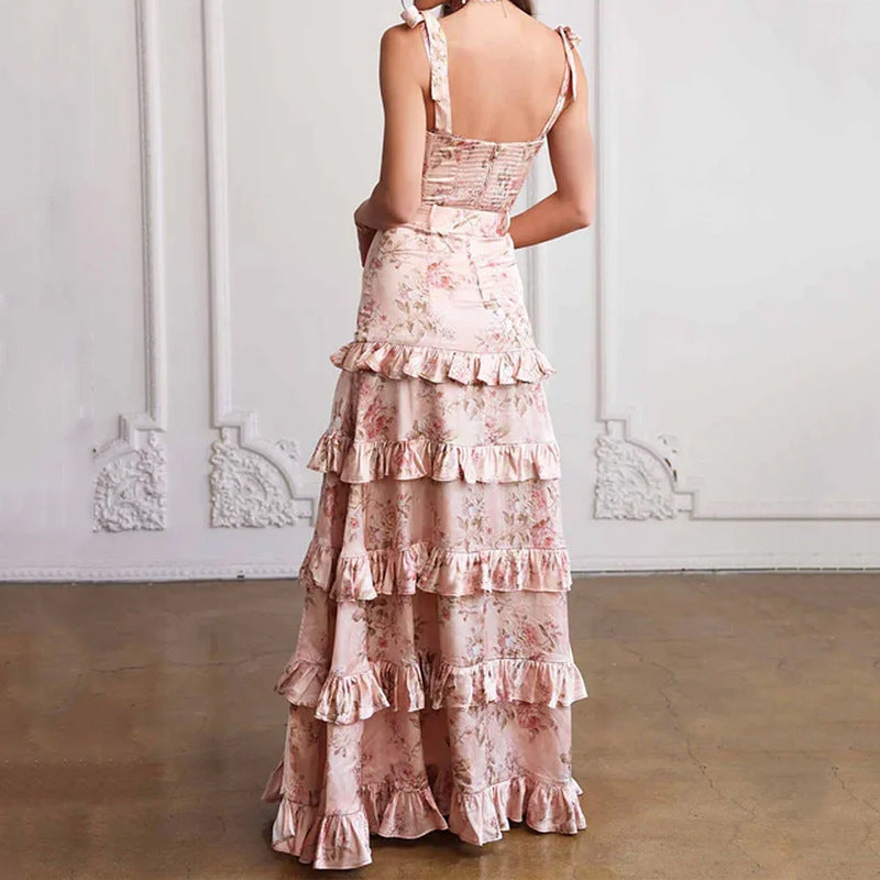 Sexy Pink Backless Floral Pleated Suspender Dress Long Skirt