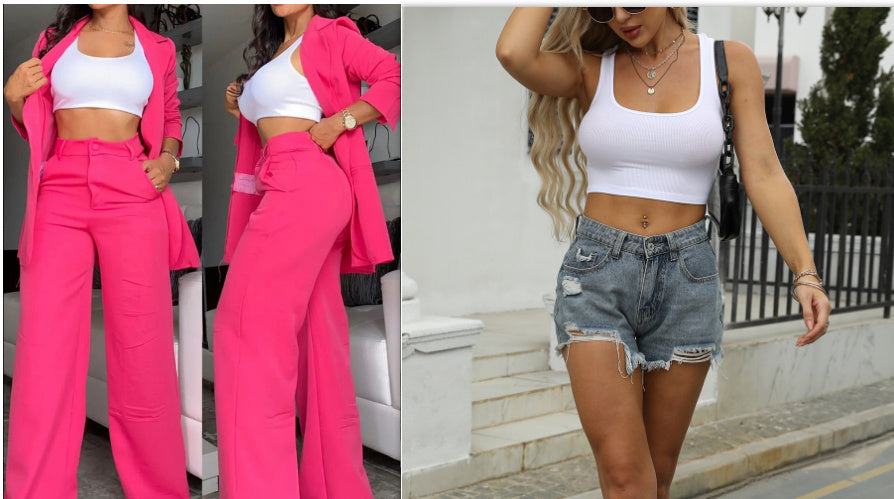 Pure Color Lapel Suit with Split Sleeves and Straight-Leg Pants for Women