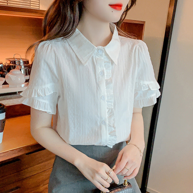 Sweet Design White Cotton Blend Ruffled Short Sleeve Shirt for Women