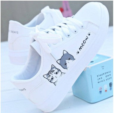 Women's White Leather Flat Shoes Small Size Cat Design