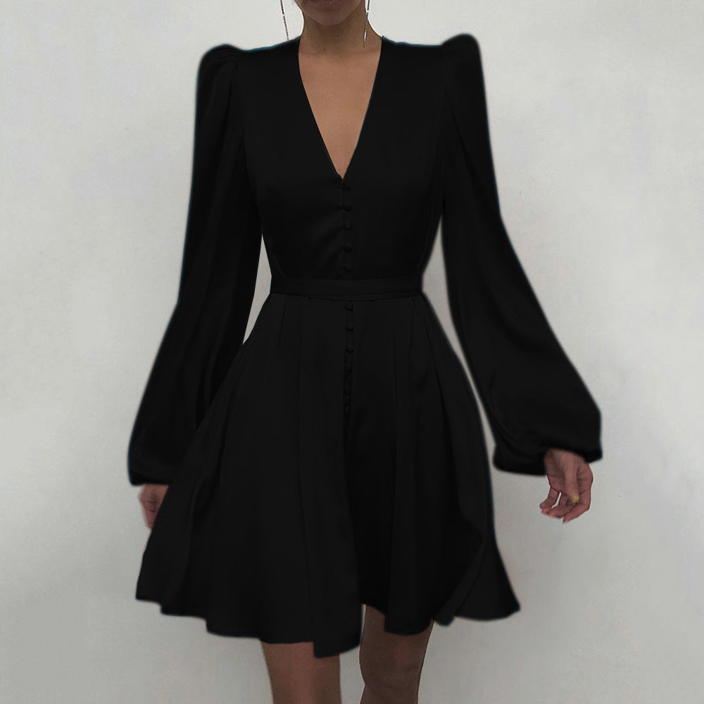 Spring Satin V-Neck Slim Temperament Dress