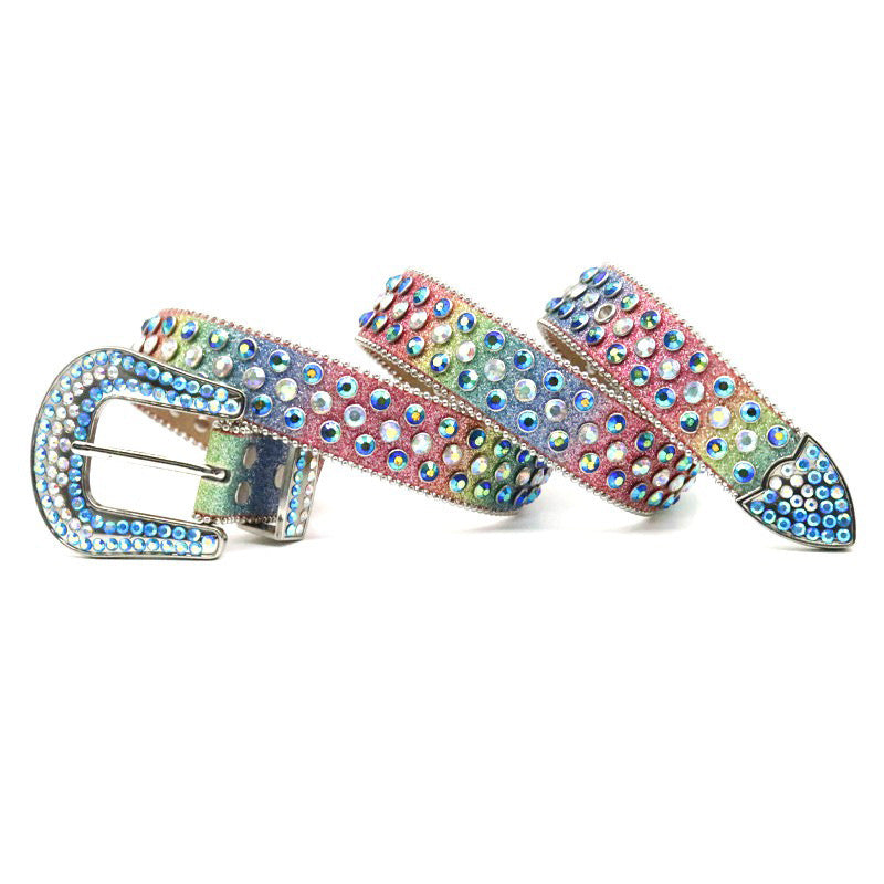 Fashion Rhinestone Thin PU Leather Belt for Women and Men