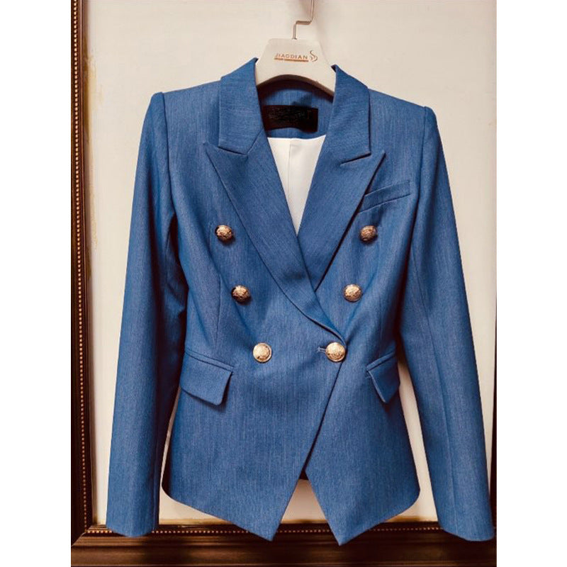 Blazer Femme Rayé en Mélange de Coton à Boutons