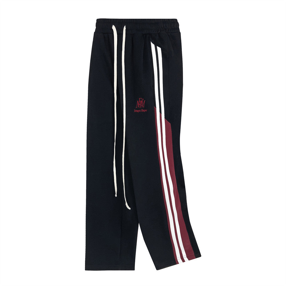 Men's Side Ribbon Matching Striped Loose Straight Pants