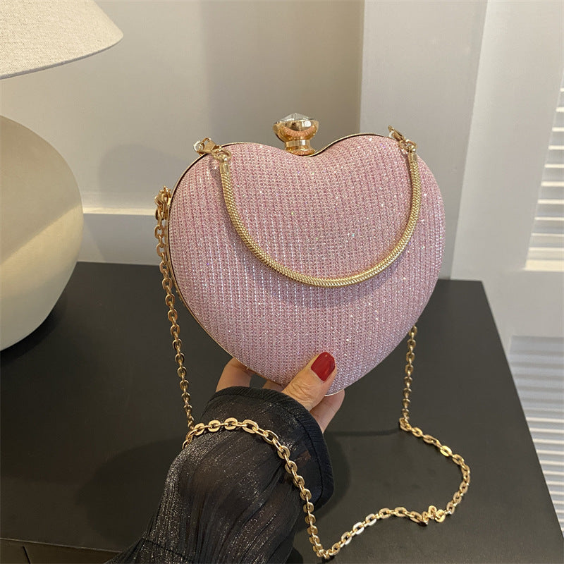Women Bag Shiny Handbag Heart Shape Metal Clutches Bag Fashion