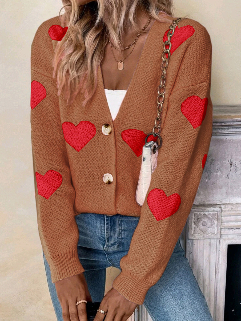 Women's Long-Sleeve Love Pattern Cardigan Sweater for Valentine's Day