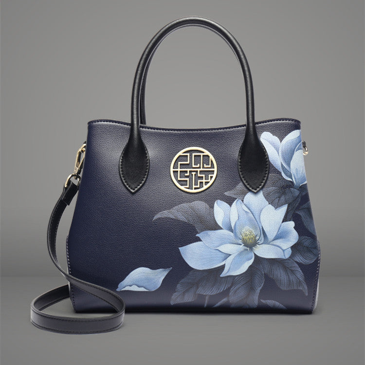 Women's Stylish Cow Leather Handbag with Floral Design and Zipper Closure