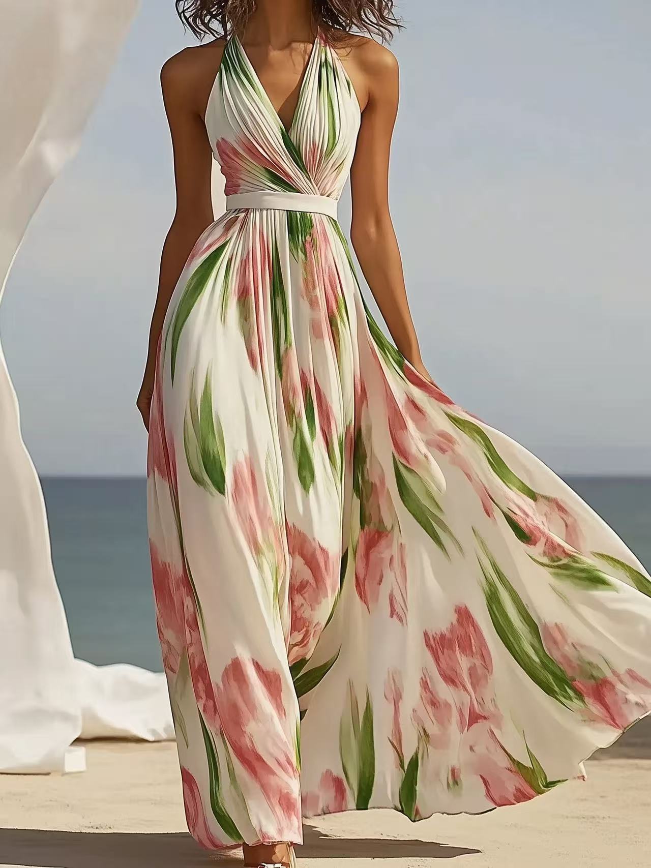 Robe d'été sans manches à col en V imprimée en polyester blanc cassé