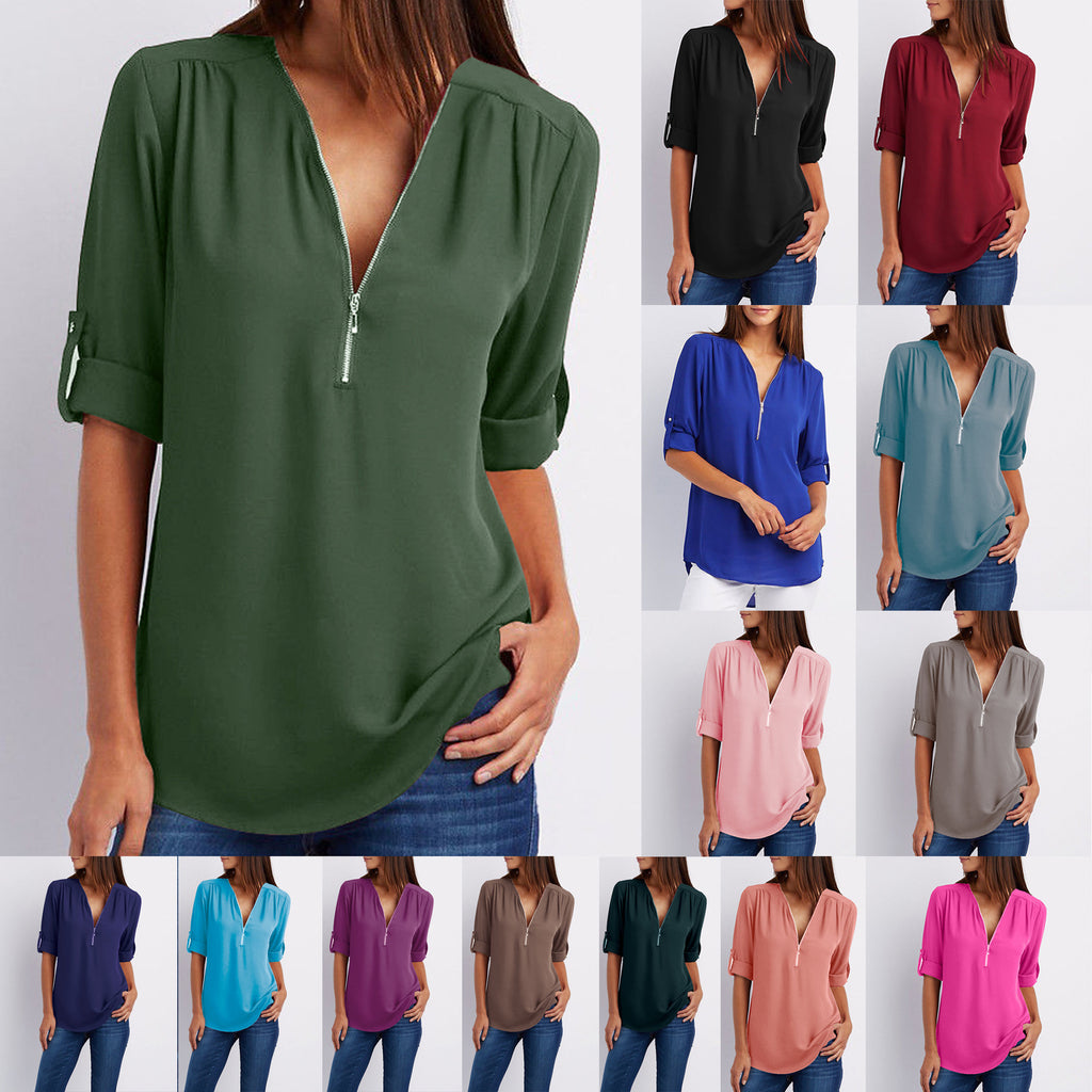 Chemisier ample zippé à col en V et manches courtes pour femme, disponible en plusieurs coloris