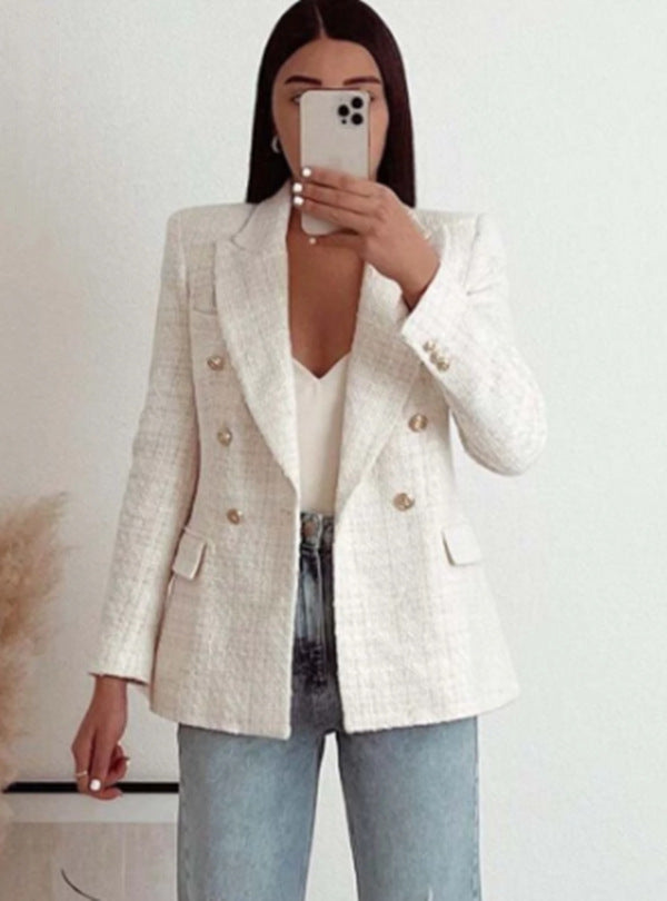 Urban Casual Women Double Breasted Textured Cotton Blazer in White & Black