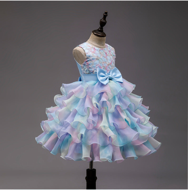 Children's Casual Princess Bow Dress in Pink, Blue, and Bean Paste