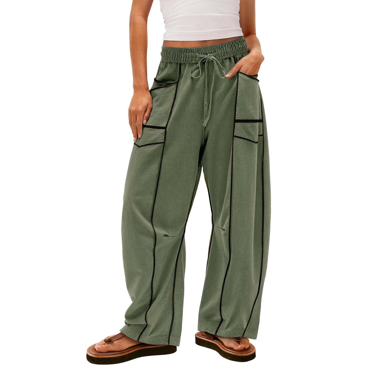Y2K Black Striped Wide-Leg Cotton Pants with Pockets and Drawstring for Women